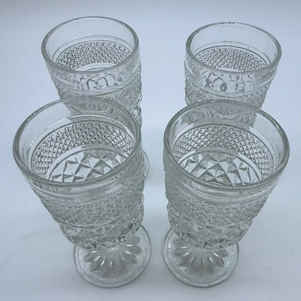 Vtg anchor hocking Glass Diamond Point Footed Goblets Set of 4 MCM Tableware